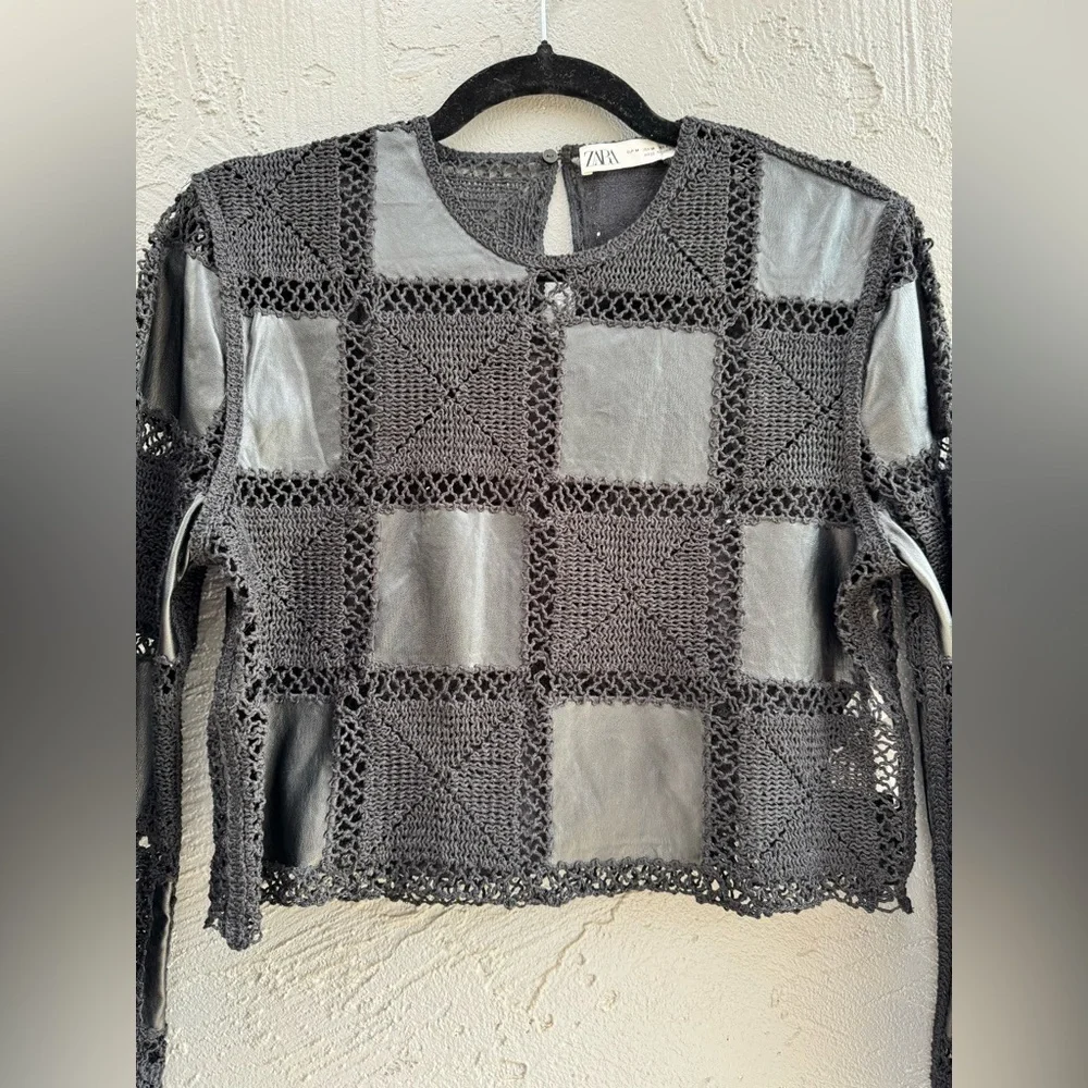 Zara Faux Leather Crochet Long Sleeve Top, Size M